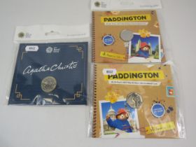 Royal mint uncirculated Agatha Christie two pound coin and 2 x paddington bear fifty pences