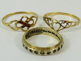 Two Gold rings, no hallmark visable but testing to 9ct together with one other Silver/Gold Composite