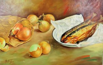 Well painted oil on board of a still life, kippers and onions.  Signature illegable.  Measures 16 x 