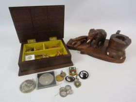 Small jewellery box and contents of pre 1947 silver coins, enamel badges , cufflinks etc. plus a