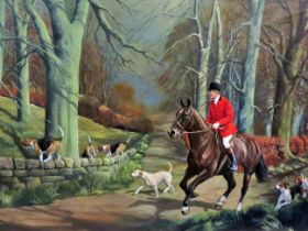 Beautifully painted Oil On Canvas of a Forest Fox Hunting scene by FG Noble.  Mounted in a Gilt fram