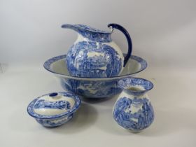 Large blue and white Ridgways jug, wash bowl, soap dish and vase in the venice pattern.