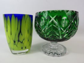 Bohemian Emerald crystal cut to clear fruit bowl 7 3/4" tall and 7 3/4" diameter plus a art glass