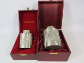 2 Royal Selingor pewter tea caddys with presentation boxes.