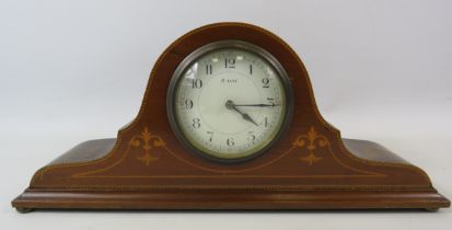 French 8 day mechanical wooden mantle clock 6" tall and 14" long in working order.