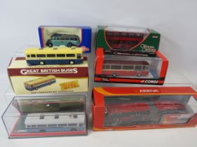 Six, 1:76 Scale Die Cast Busses by Corgi, Atlas etc. All boxed and unused. See photos.