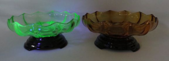 2 Large art deco glass fruit bowls with black glass stands one is uranium. 9" diameter.