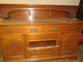 Light oak art nouveau carved chiffonier 49" tall, 72" wide 24" deep.