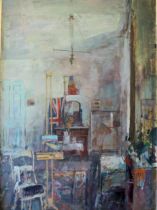 Large oil on board by F. Cuming RA (1930-2022) entitled 'The Studio' Mounted in a heavy wooden frame