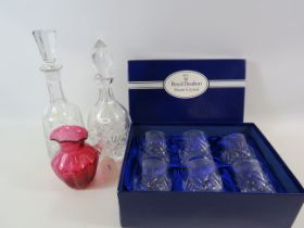 Set of 6 Royal Doulton whiskey glasses, 2 Crystal glass decanters and a Fenton cranberry glass jug.