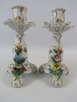 Pair of Carl thieme Dresden porcelain candlesticks approx 6 3/4" tall. (very very minor chip on