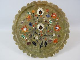 Pietra Dura style inlay mosaic semi precious stone plate, approx 8 3/4" diameter.