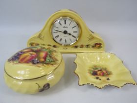 3 Pieces of Aynsley orchard gold china, clock, lidded trinket etc.