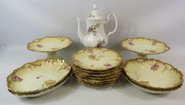 Selection of Victorian Limoge blushware comport, plates and dishes plus a Royal Albert Moss Rose