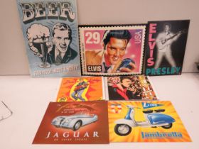Selection of Rock and pop wall art plus metal magnetic art showing Elvis, Jaguar and Lambretta. See
