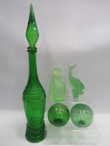 Green Art glass including a Uranium glass bottle and a empoli style bottle etc.