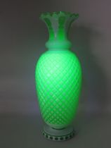 Large Bohemian white and uranium glass vase possibly Moser. Slight nibble chips to the rim, 15 3/