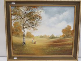 Framed Oil on Canvas of a Golfing scene. No signature apparent. Frame measures 17 x 23 Inches. Se