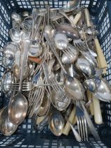 Tray containing a large quantity of vintage silver plated cutlery.