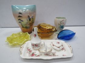 Mixed art deco glass and ceramics lot to include a uranium glass dish,