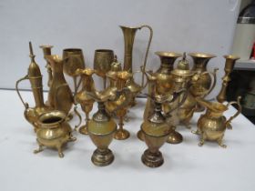 Large selection of vintage brass vases, teapots and candlesticks etc.