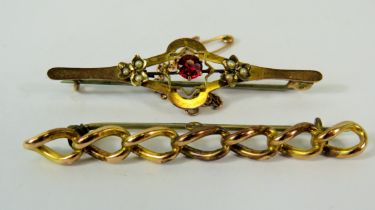 9ct Multi link chain style bar brooch together with a yellow metal bar brooch set with Gemstones & p