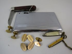 Pair of 10ct gold front cufflinks, penknife, cigarette case/lighter etc.