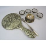 4 Glass salts with silver collars, a cherub decorated dressing table mirror etc.