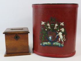 Antique metal leather clad waste paper bin bearing the Royal coat of arms with the Kings crown and a