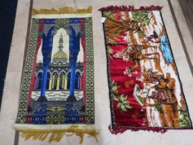 Two small prayer mat style eastern rugs, Each with fringed edges. Each measures approx 38 x 20 Inch