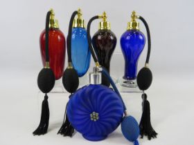 5 Atomiser scent / perfume bottles, the tallest measures 7".