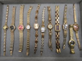 Selection of Ladies Gold tone quartz watches. All need batteries to run. See photos.