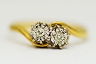 9ct Yellow Gold ring set with Twin Illusion set Diamonds of 0.05pts each. Finger size 'O' 2.5g