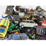 Large box of playworn die cast metal cars. Lots of different makers. See photos.