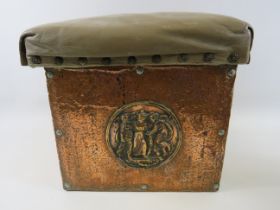 Vintage copper storage box seat with leather top, 11" by 12" by 10".