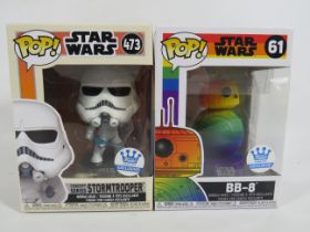 Two Funko Pops models, Number 473 Star Wars Storm Trooper plus Number 61 Star Wars BB-8 Both boxed