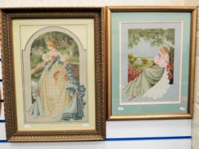 Two Framed under glass Beadwork pictures of a lady in period costume plus one other . Largest 24 x 1