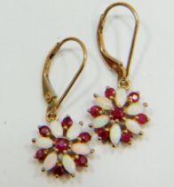 Pair of 9ct Gold Pearl and Ruby set earrings in a flower pattern. Each 25mm drop. Total weight 2.0g