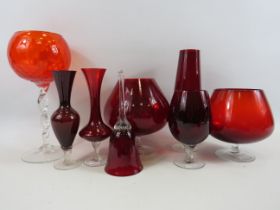 Selection of red art glass brandy balloons, vases etc.
