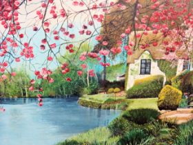 Beautifully painted Oil on Canvas of an Idyllic Riverside Cottage.  Bears the Signature and Date:  C