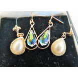Pair of 9ct Pearl Set earrings plus one other pair of crystal, 9ct gold set drop earrings.   See pho
