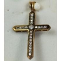 9ct Yellow gold crucifix pendant set with multiple CZ stones. 30mm long. 2.5g overall. PA447