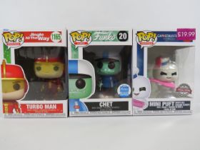 Three Funko Pops Models Number 1165 Jingle all the way, Turbo Man, Chet Number 20 plus Ghost Buste