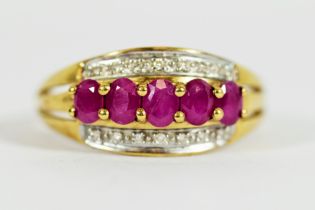 9ct Yellow Gold ring set with Five Rubies & Diamond Set Ring. Finger size 'Q-5 to R' 2.5g