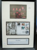 Framed and mounted Beatles picture with a first day cover of Beatles stamps which has been signed by