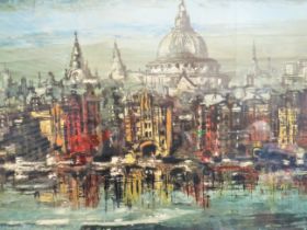 Large Lithograph of an impressionist interpretation of a Cityscape. Obscure Signature. Framed unde