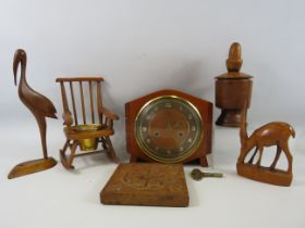 Smiths mantle clock and a selection of woodenware items.