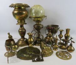Large selection of various brass items including a plant stand, lamp etc.