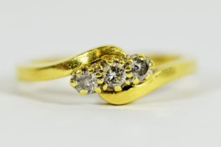 18ct Yellow Gold Diamond Trilogy Ring. Diamonds 1@ 0.10pt, 2@0.07pts Finger size R 4.7g
