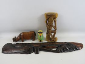 Large jamacian wooden carved wall plaque 32" long, Wild boar figure, Russian doll etc